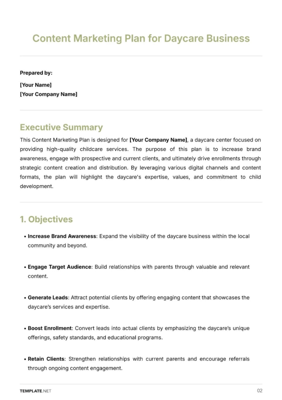 Free Content Marketing Plan for Daycare Business Template to Edit Online