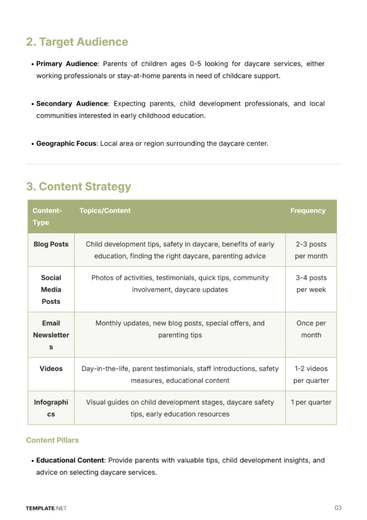 Free Content Marketing Plan for Daycare Business Template to Edit Online