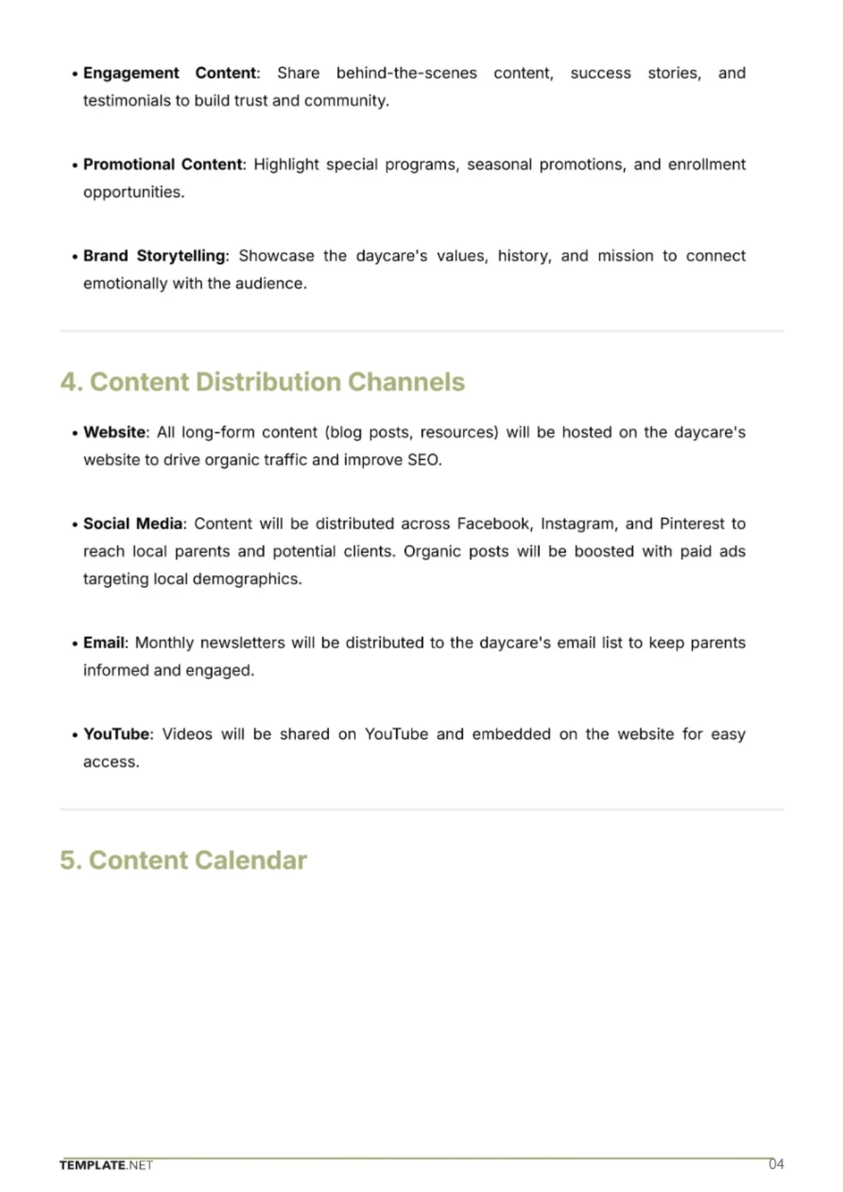 Free Content Marketing Plan for Daycare Business Template to Edit Online
