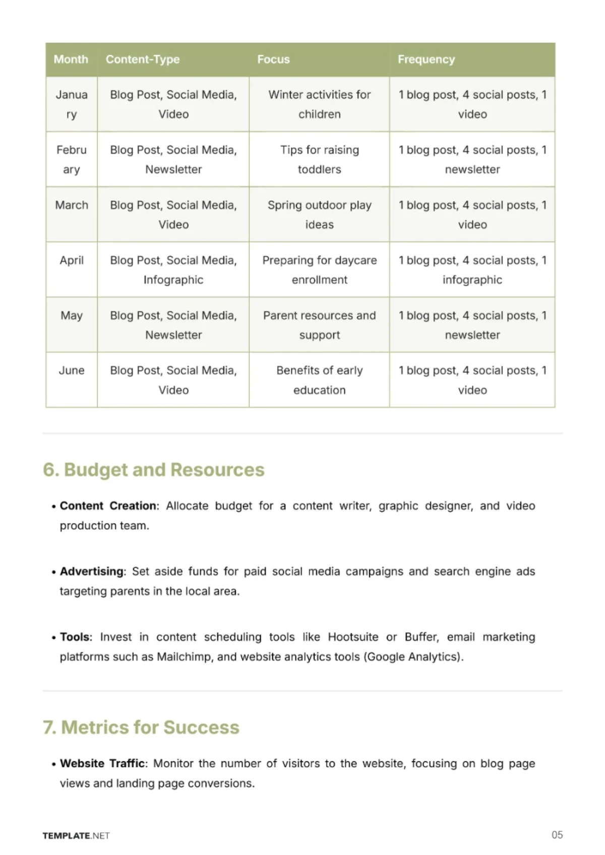 Free Content Marketing Plan for Daycare Business Template to Edit Online