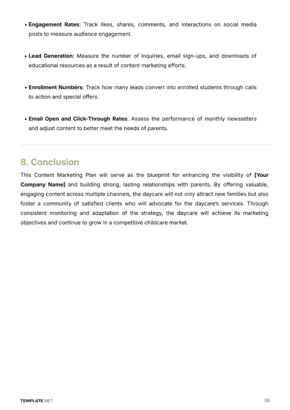 Free Content Marketing Plan for Daycare Business Template to Edit Online