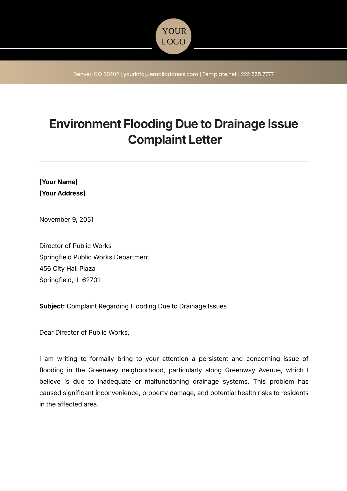 Environment Flooding Due to Drainage Issue Complaint Letter Template - Edit Online & Download