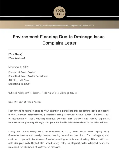 Free Environment Flooding Due to Drainage Issue Complaint Letter Template to Edit Online