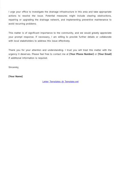 Free Environment Flooding Due to Drainage Issue Complaint Letter Template to Edit Online
