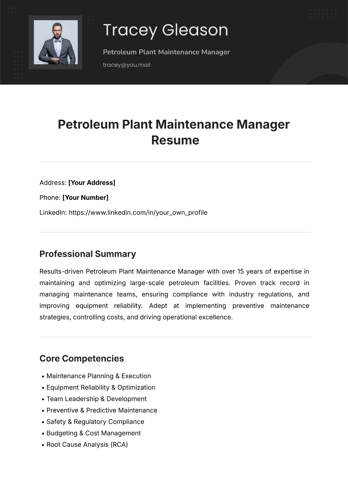 Petroleum Plant Maintenance Manager Resume Template - Edit Online & Download