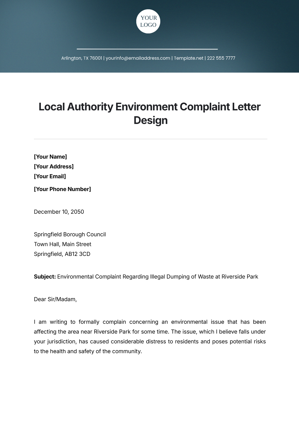 Local Authority Environment Complaint Letter Design Template - Edit Online & Download