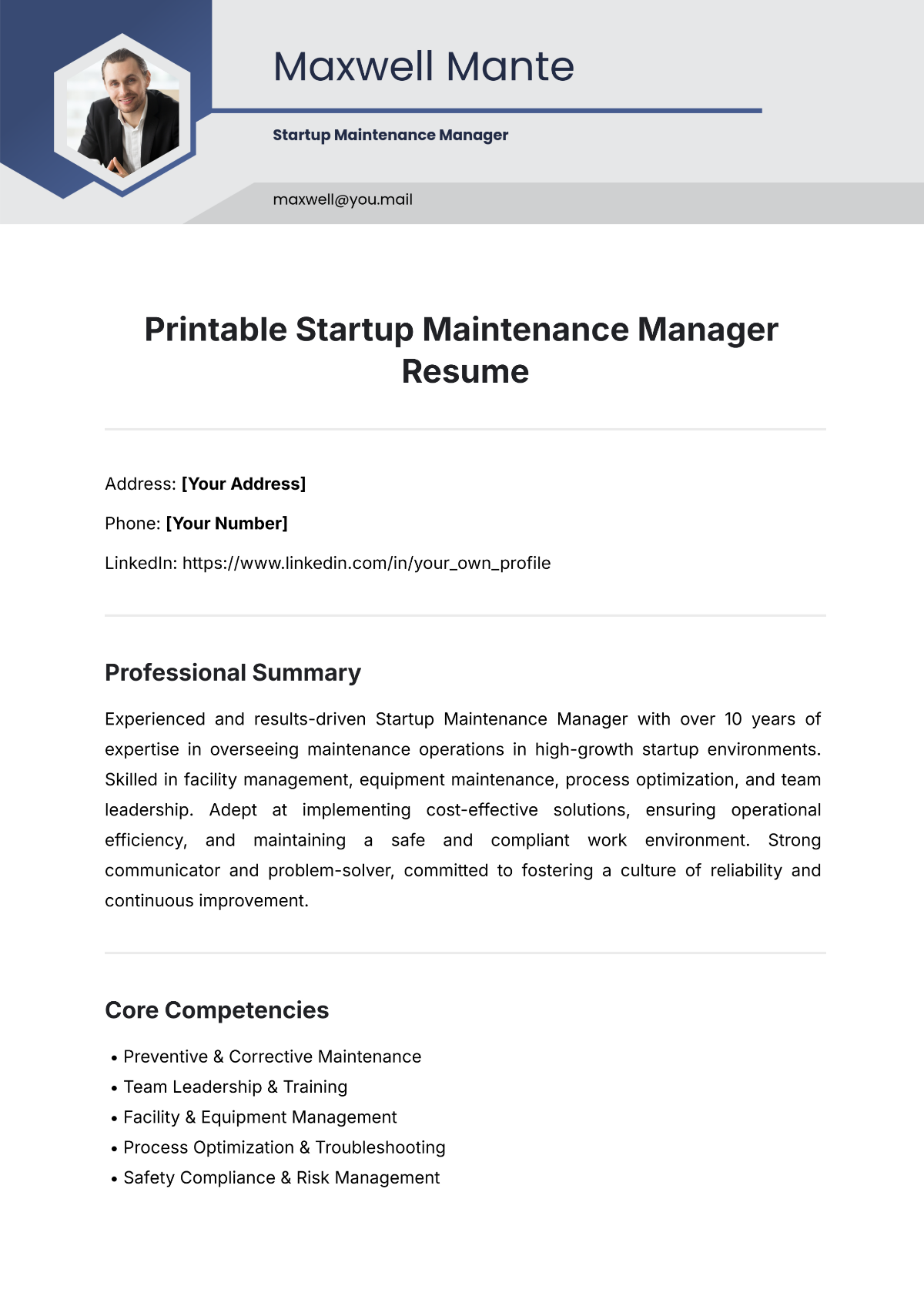 Printable Startup Maintenance Manager Resume Template - Edit Online & Download