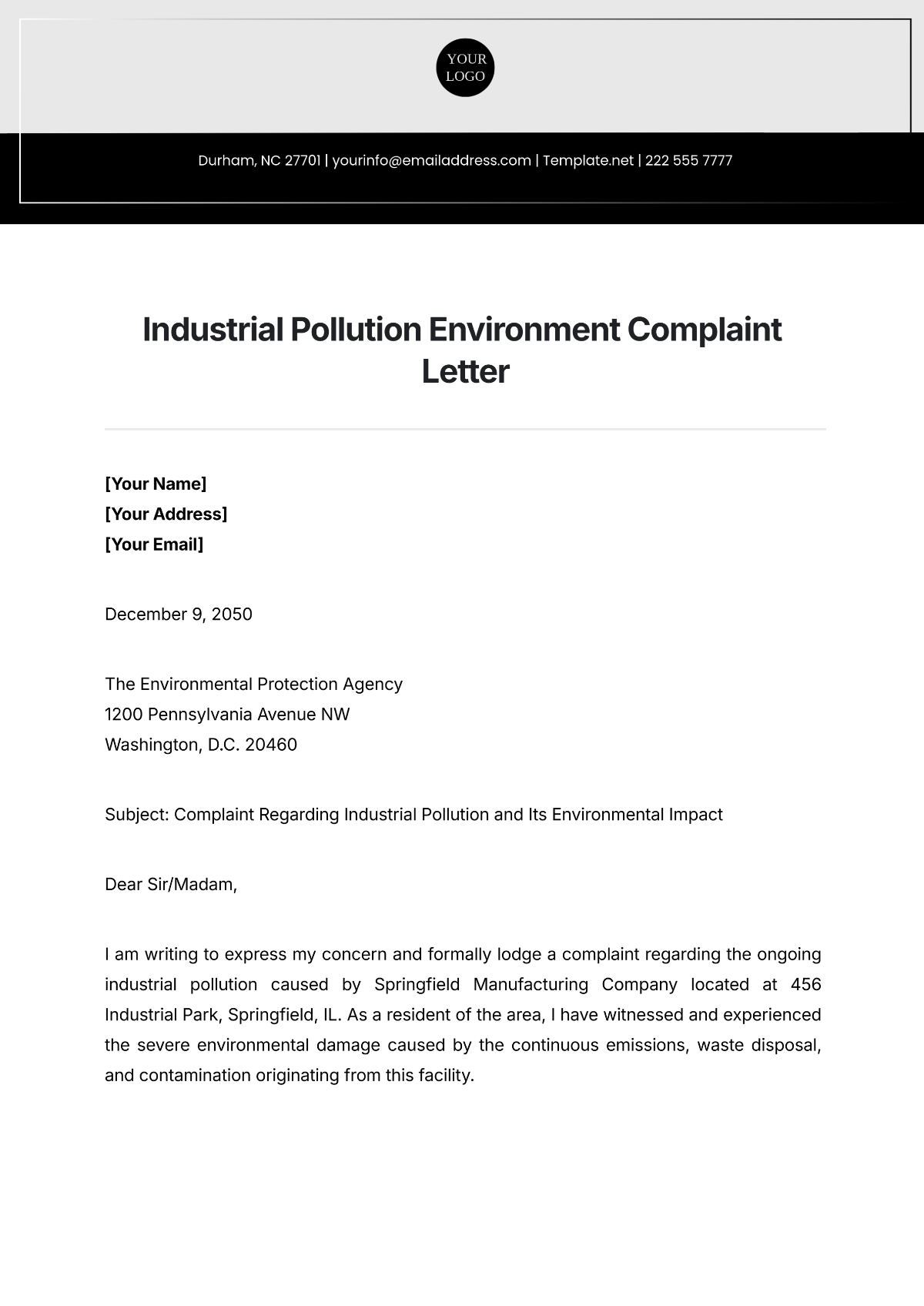 Industrial Pollution Environment Complaint Letter Template - Edit Online & Download