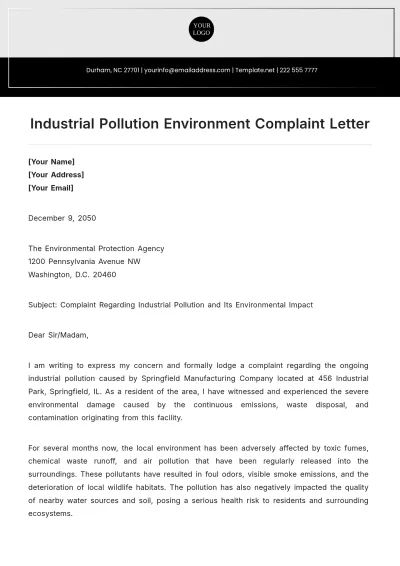 Free Industrial Pollution Environment Complaint Letter Template to Edit Online