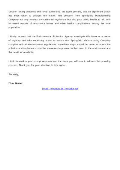 Free Industrial Pollution Environment Complaint Letter Template to Edit Online