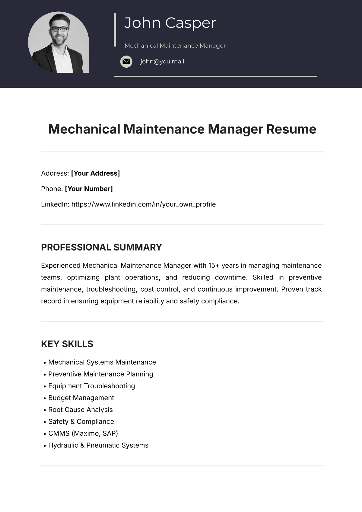 Mechanical Maintenance Manager Resume Template - Edit Online & Download