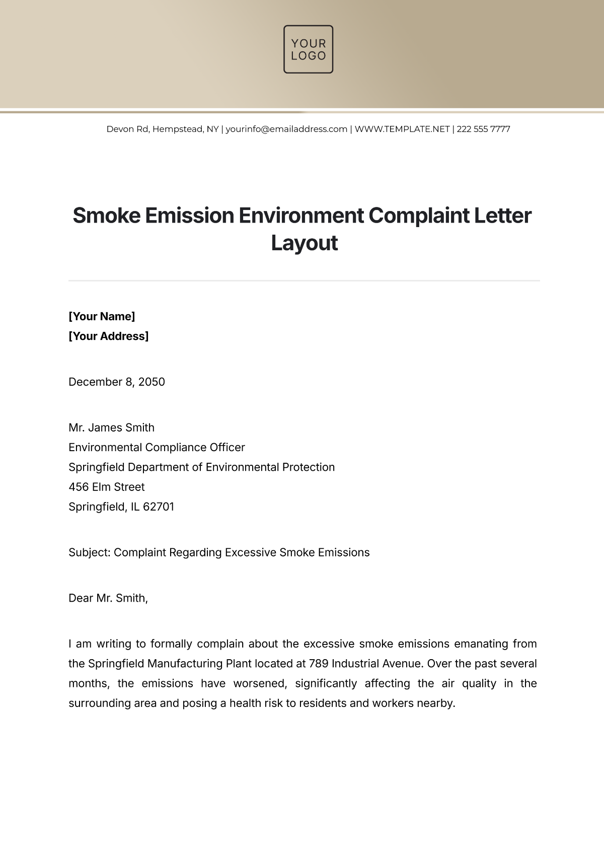 Smoke Emission Environment Complaint Letter Layout Template - Edit Online & Download