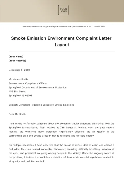 Free Smoke Emission Environment Complaint Letter Layout Template to Edit Online