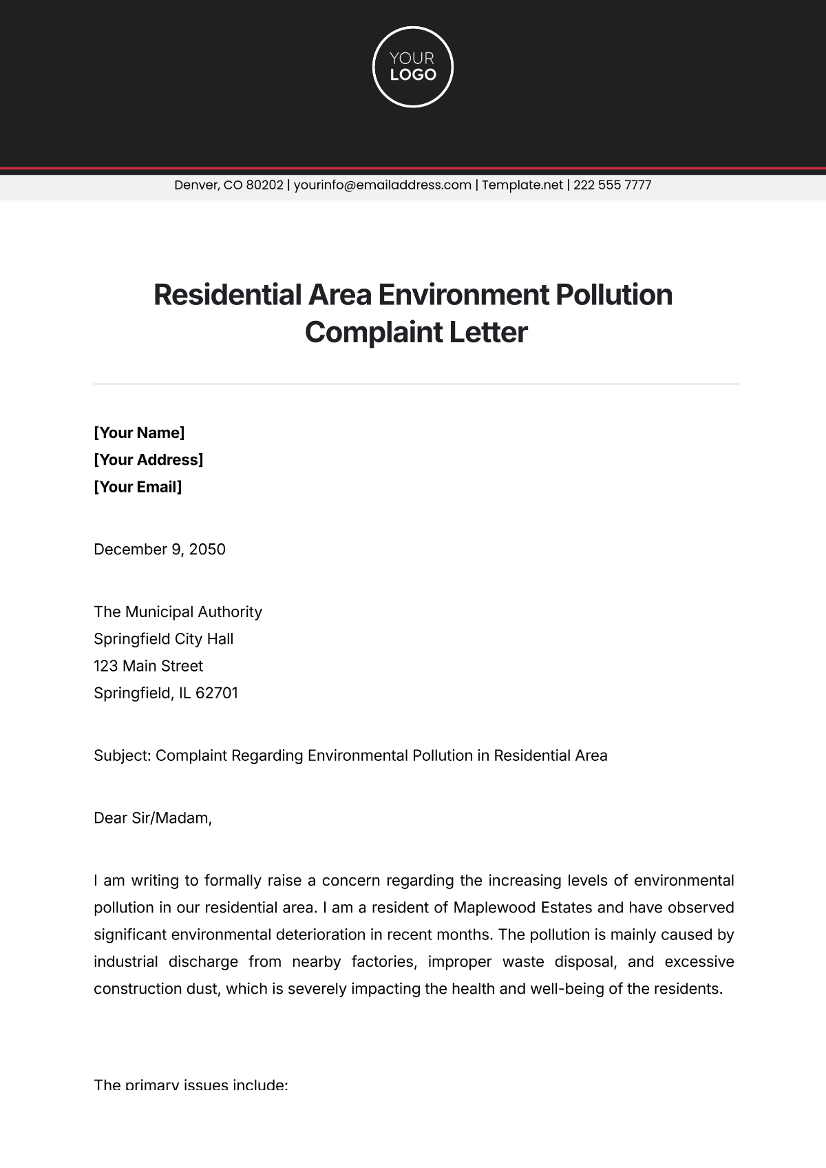 Residential Area Environment Pollution Complaint Letter Template - Edit Online & Download