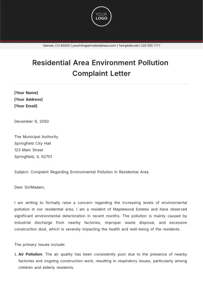 Free Residential Area Environment Pollution Complaint Letter Template to Edit Online