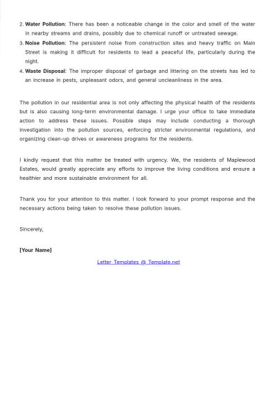Free Residential Area Environment Pollution Complaint Letter Template to Edit Online