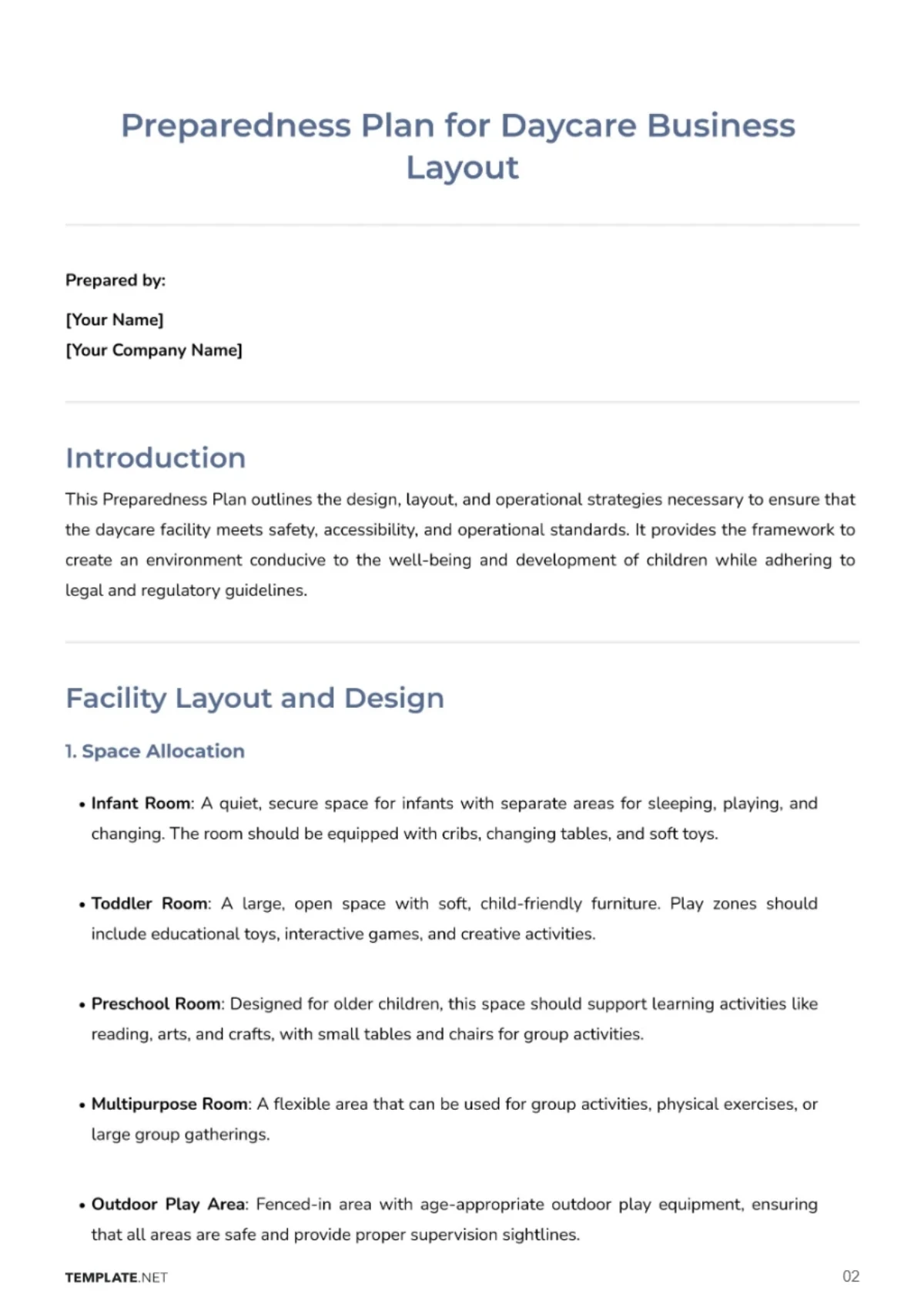 Free Preparedness Plan for Daycare Business Layout Template to Edit Online