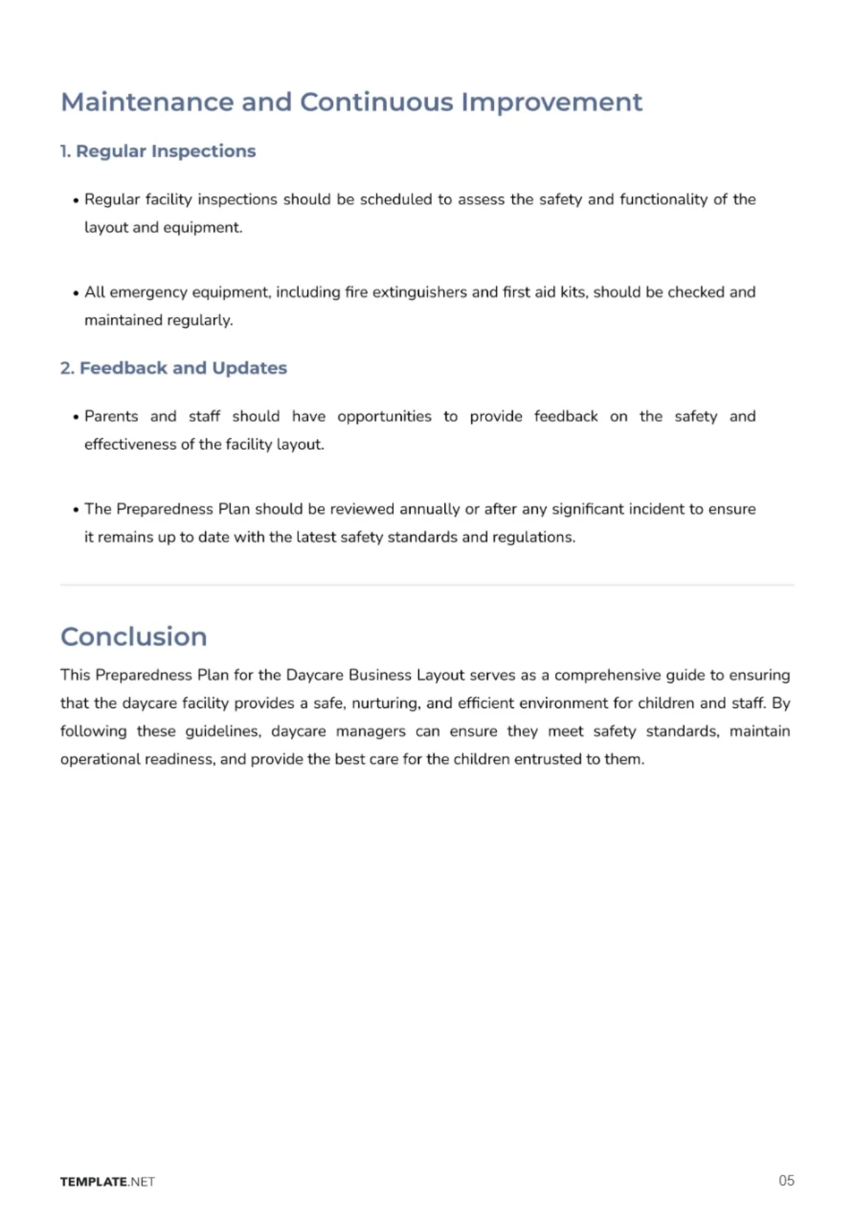 Free Preparedness Plan for Daycare Business Layout Template to Edit Online