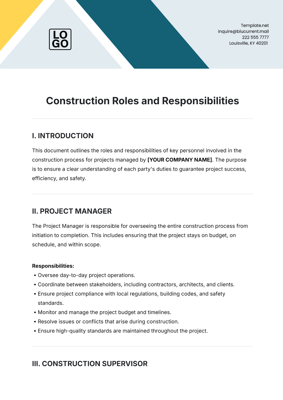 Construction Roles and Responsibilities Template - Edit Online & Download