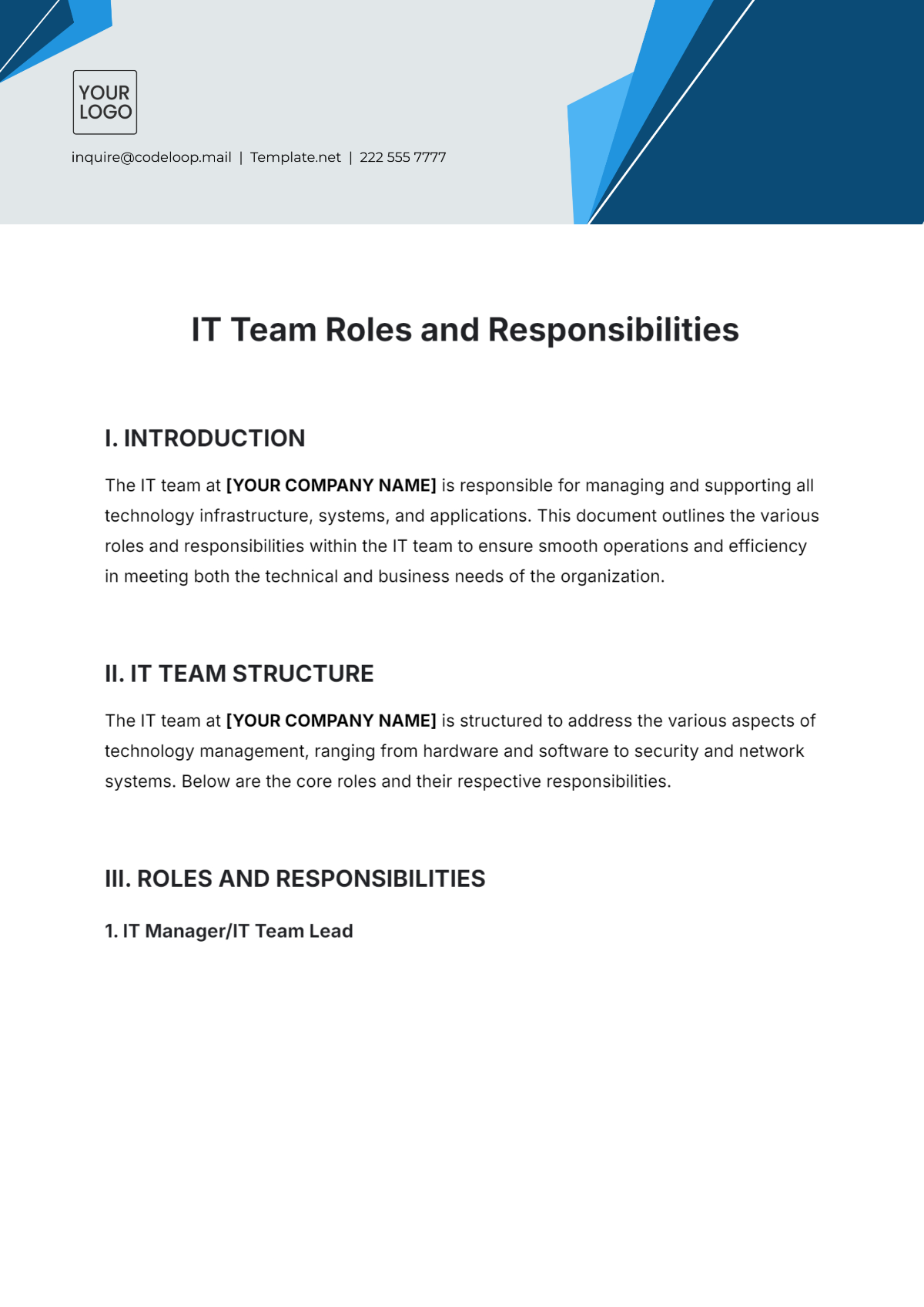 IT Team Roles and Responsibilities Template