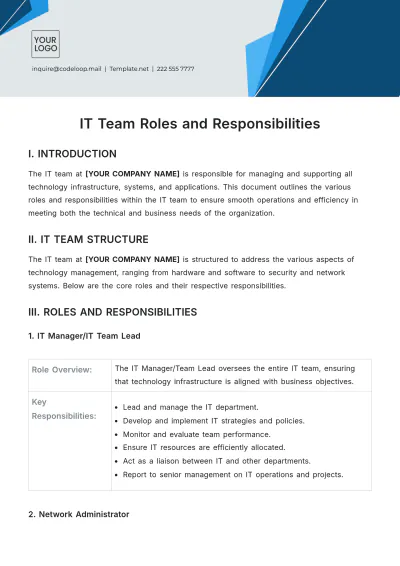 Free IT Team Roles and Responsibilities Template to Edit Online