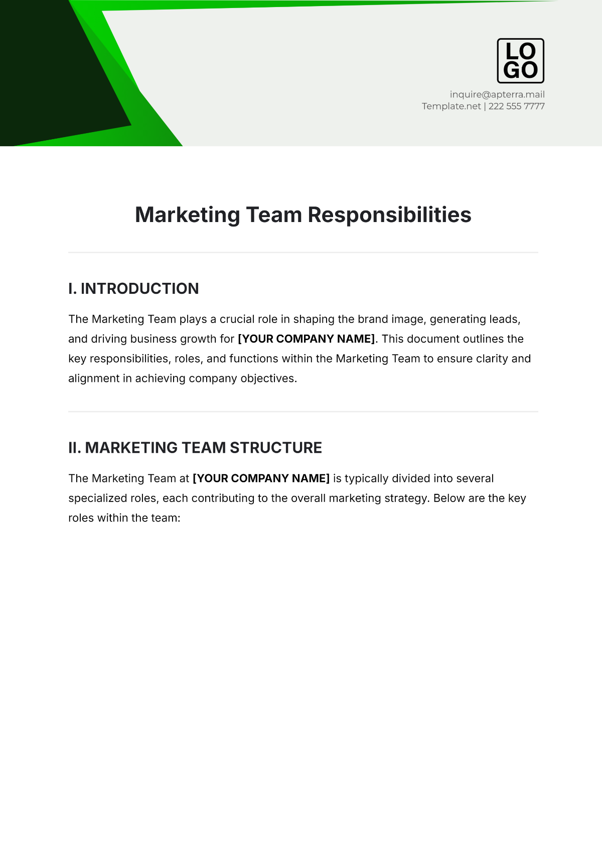 Marketing Team Responsibilities Template