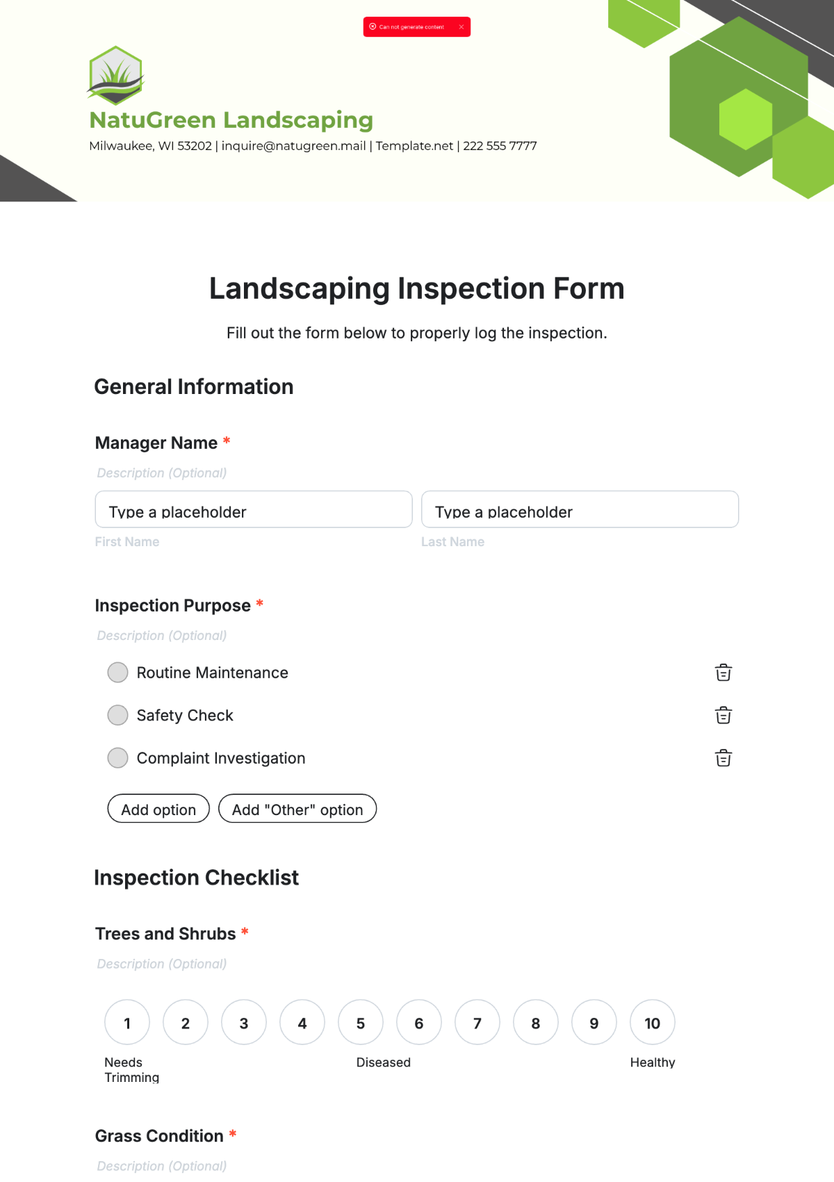 Landscaping Inspection Form Template - Edit Online & Download