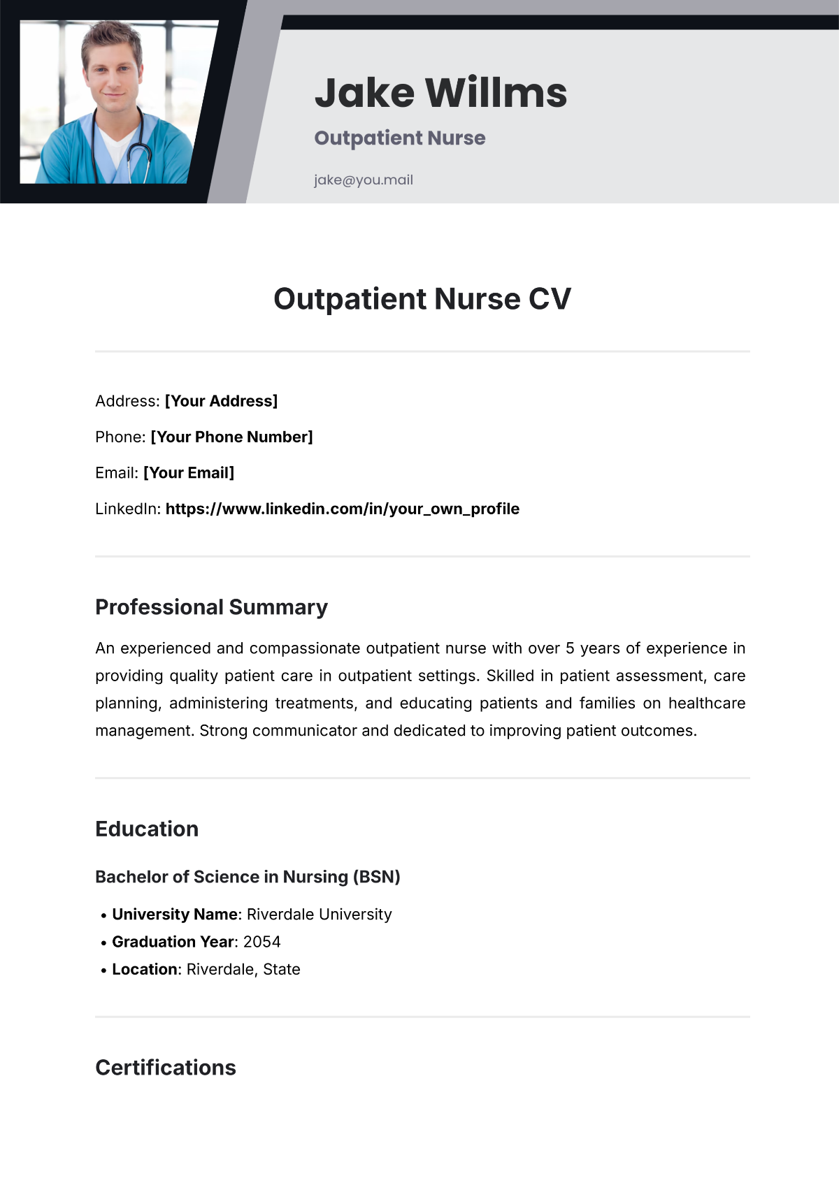 Outpatient Nurse CV Template - Edit Online & Download