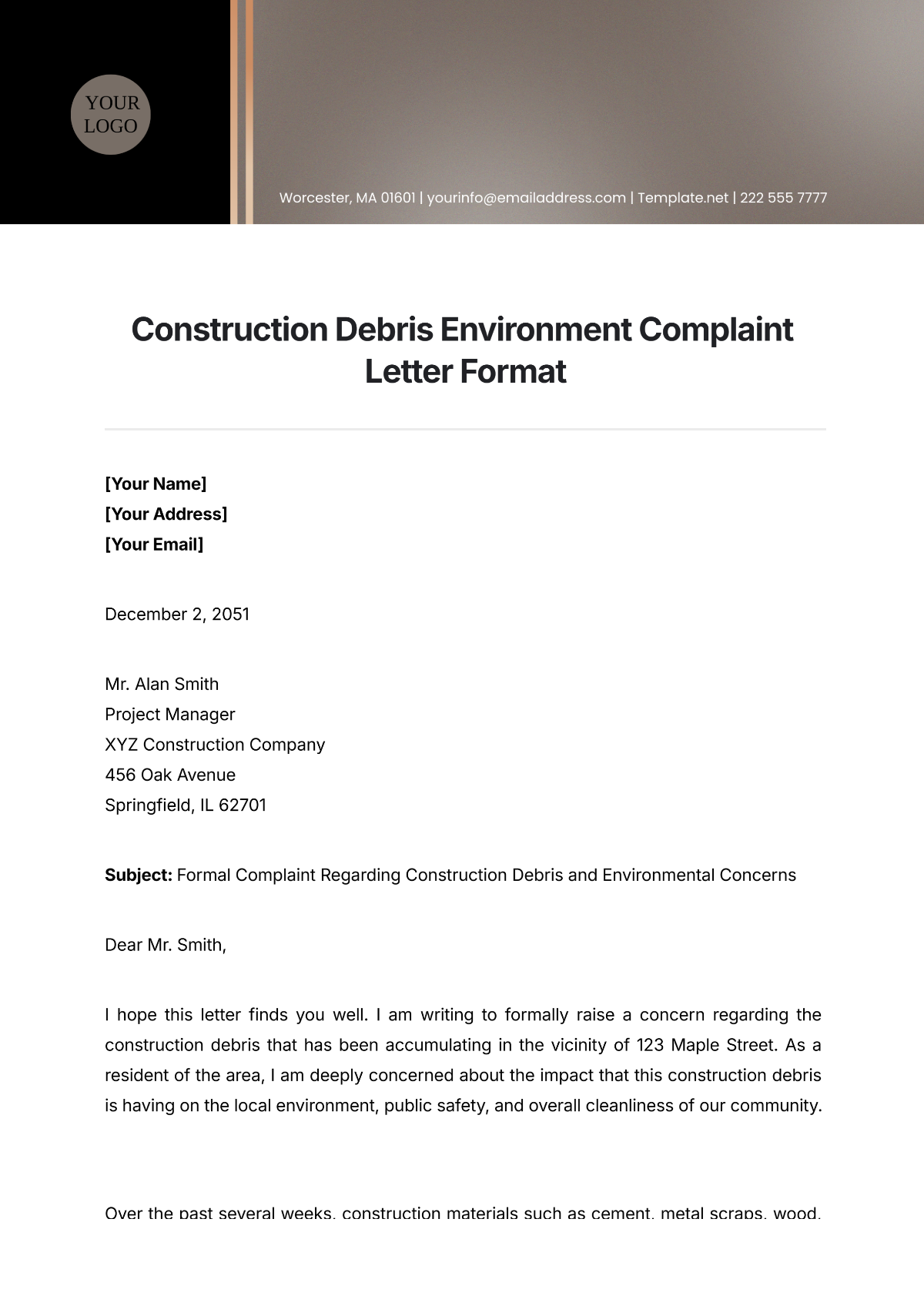 Free Construction Debris Environment Complaint Letter Format Template to Edit Online