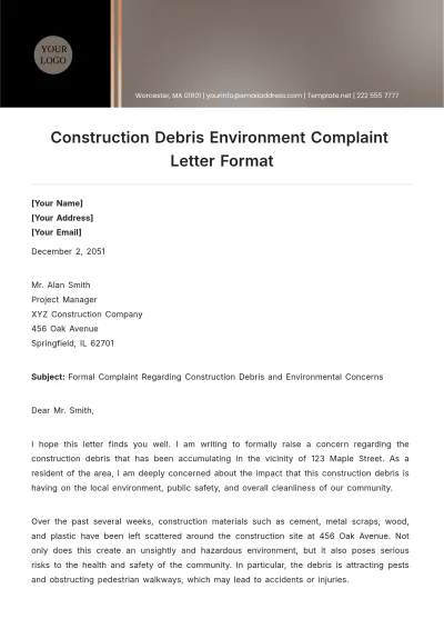 Free Construction Debris Environment Complaint Letter Format Template to Edit Online