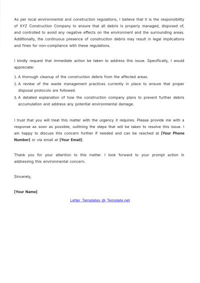 Free Construction Debris Environment Complaint Letter Format Template to Edit Online