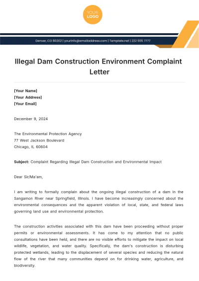 Free Illegal Dam Construction Environment Complaint Letter Template to Edit Online