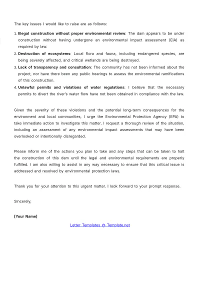 Free Illegal Dam Construction Environment Complaint Letter Template to Edit Online
