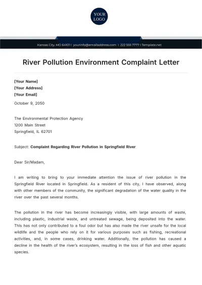 Free River Pollution Environment Complaint Letter Template to Edit Online