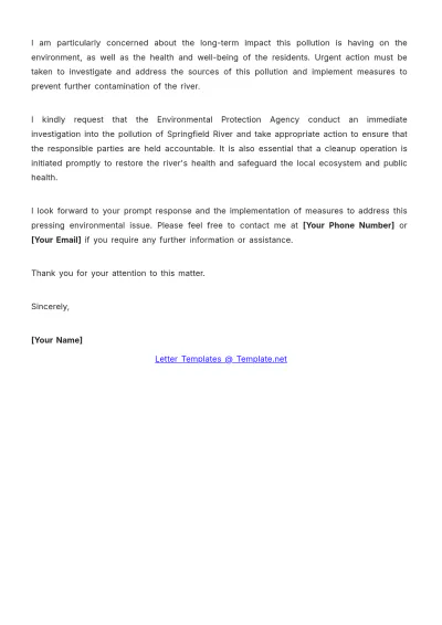 Free River Pollution Environment Complaint Letter Template to Edit Online
