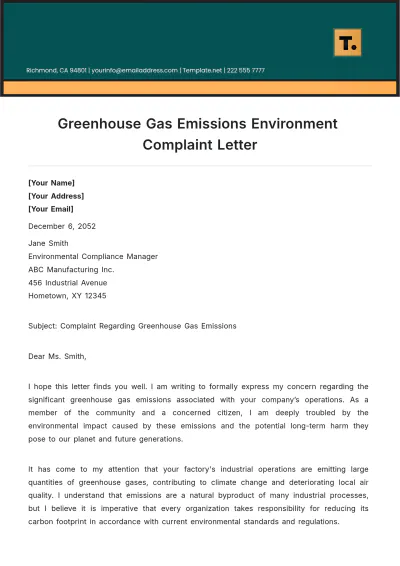 Free Greenhouse Gas Emissions Environment Complaint Letter Template to Edit Online