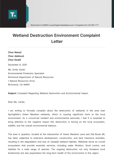 Free Wetland Destruction Environment Complaint Letter Template to Edit Online