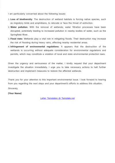 Free Wetland Destruction Environment Complaint Letter Template to Edit Online
