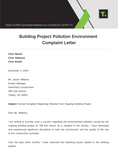 Free Building Project Pollution Environment Complaint Letter Template to Edit Online