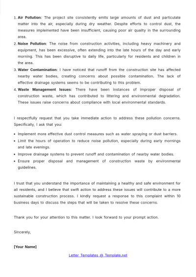 Free Building Project Pollution Environment Complaint Letter Template to Edit Online