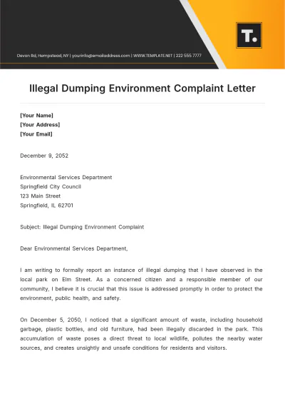 Free Illegal Dumping Environment Complaint Letter Template to Edit Online