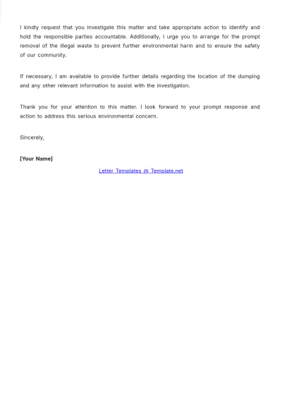 Free Illegal Dumping Environment Complaint Letter Template to Edit Online