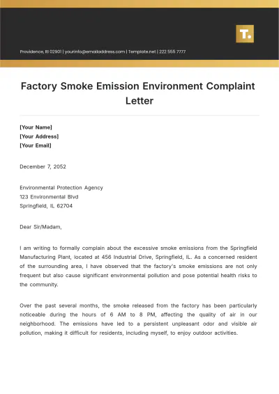 Free Factory Smoke Emission Environment Complaint Letter Template to Edit Online