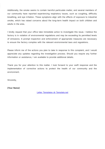Free Factory Smoke Emission Environment Complaint Letter Template to Edit Online