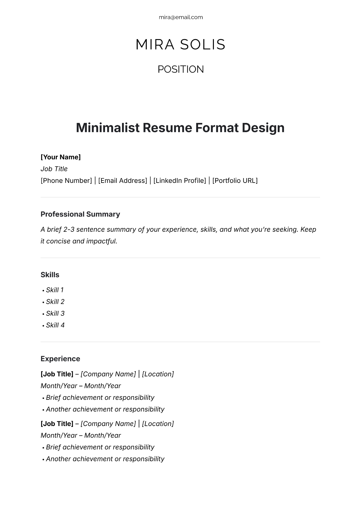 Minimalist Resume Format Design Template - Edit Online & Download