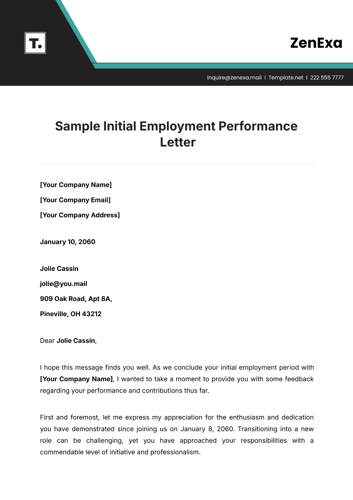 Sample Initial Employment Performance Letter Template - Edit Online & Download