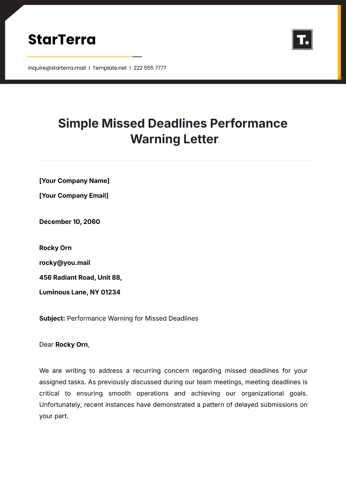 Simple Missed Deadlines Performance Warning Letter Template - Edit Online & Download