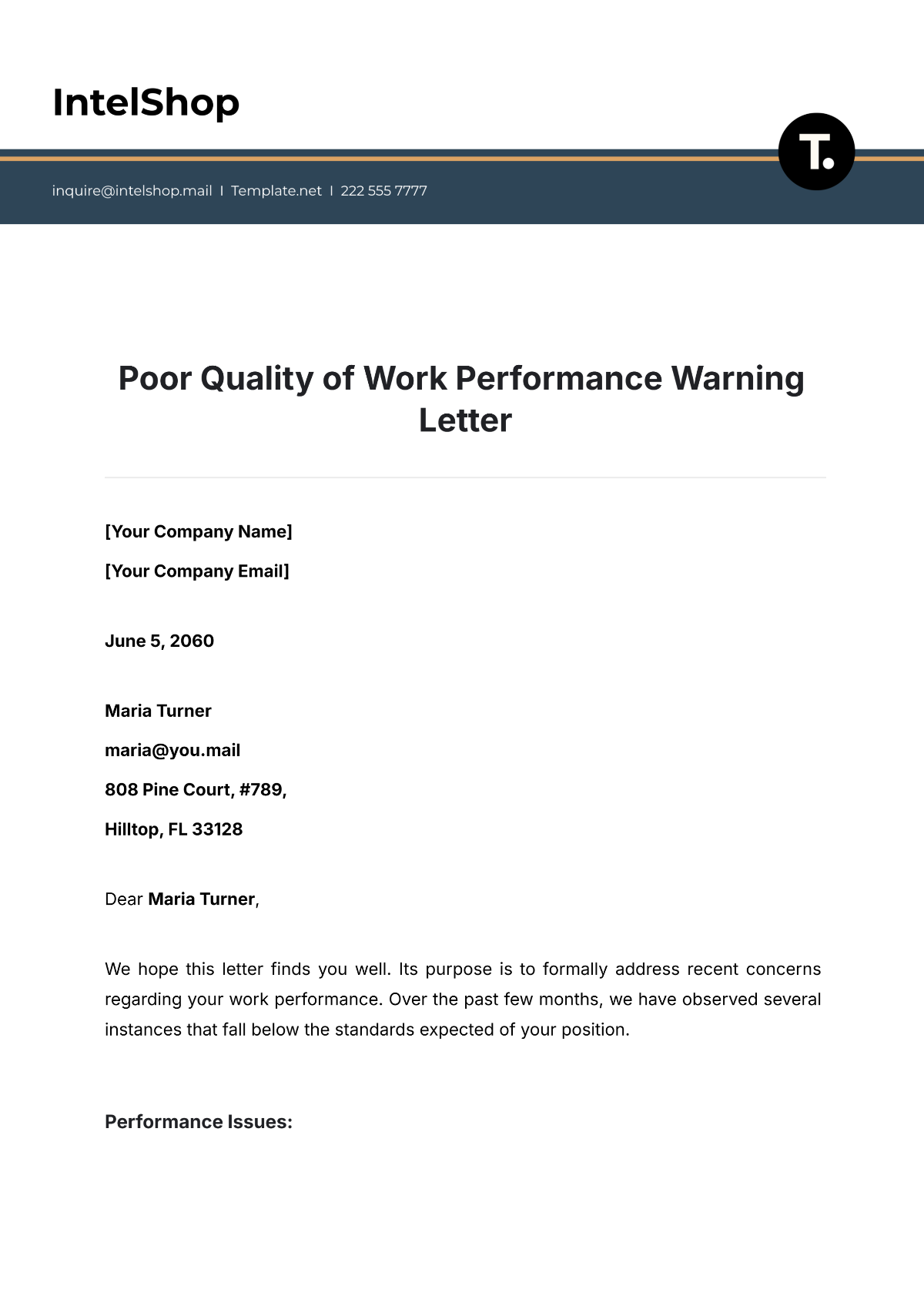 Poor Quality of Work Performance Warning Letter Template - Edit Online & Download