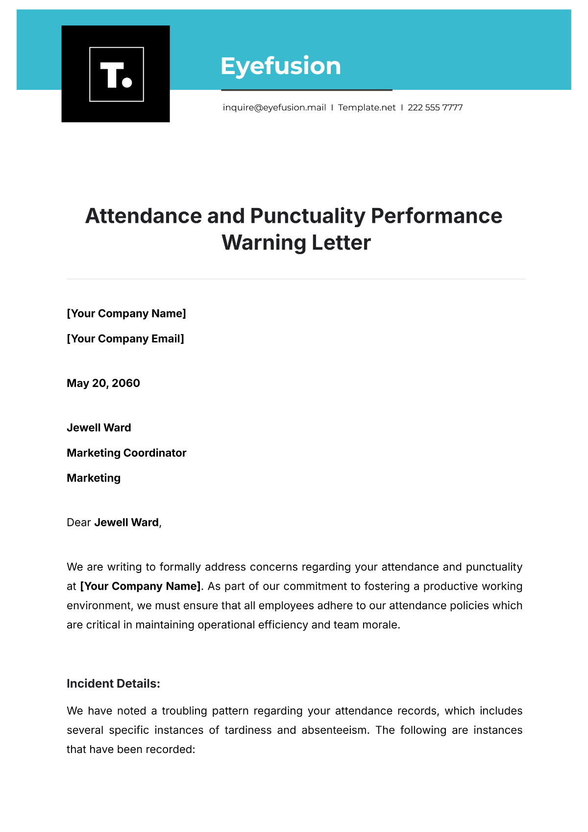 Attendance and Punctuality Performance Warning Letter Template - Edit Online & Download