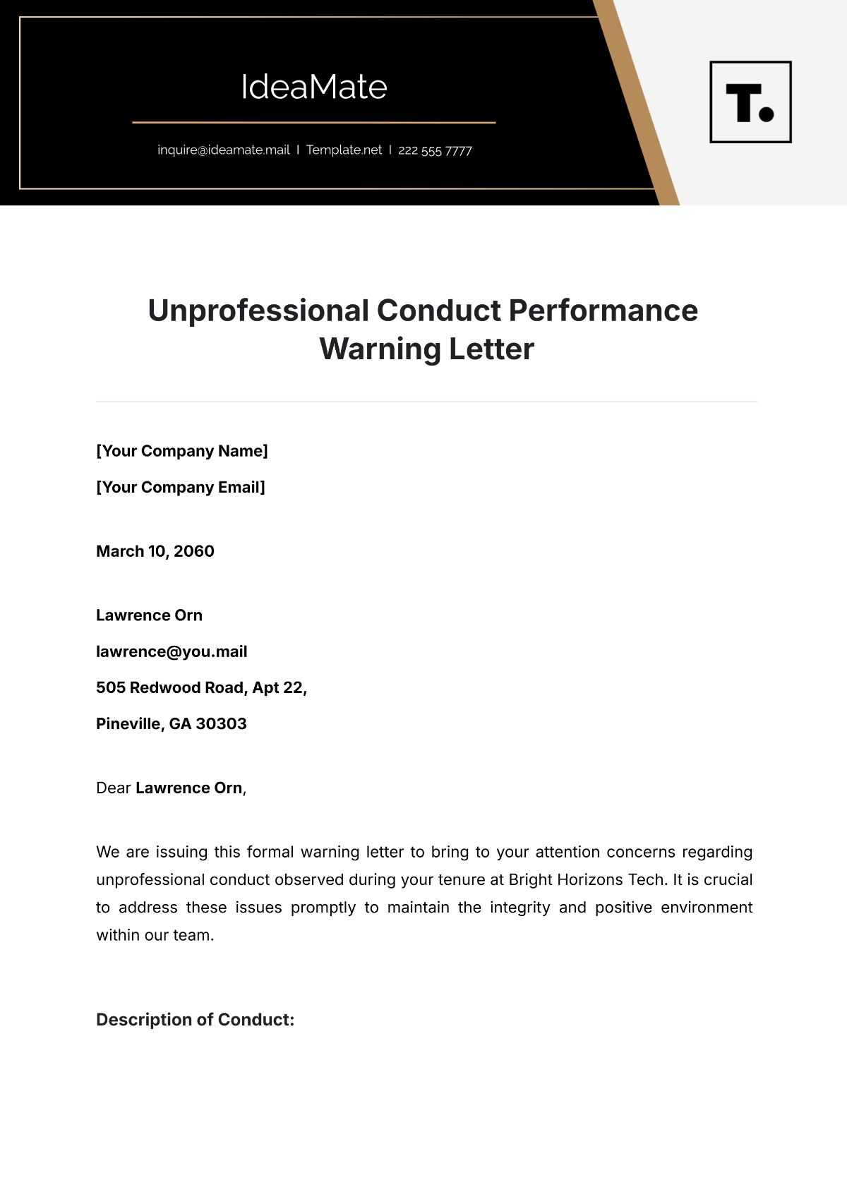 Unprofessional Conduct Performance Warning Letter Template